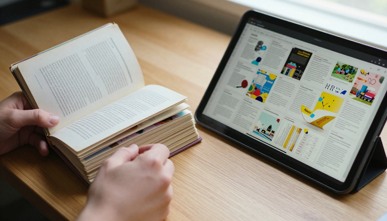 Split composition showing physical gift card catalog on the left and the same catalog as a digital flipbook on a tablet on the right