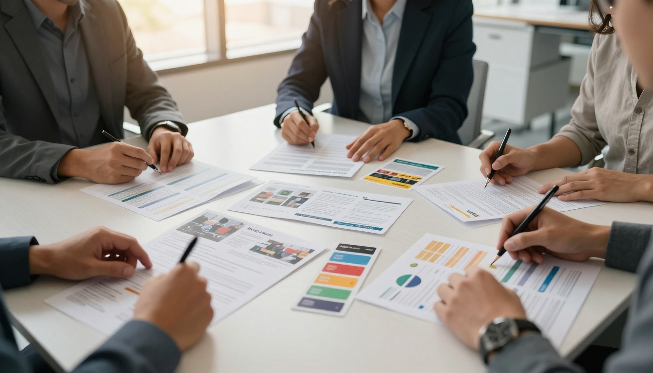 Marketing team reviewing loyalty program materials around conference room table