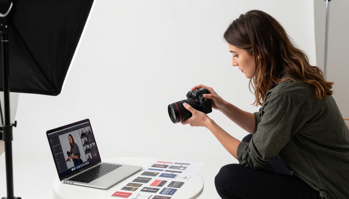Professional product photographer capturing gift cards for a digital flipbook catalog in a bright studio
