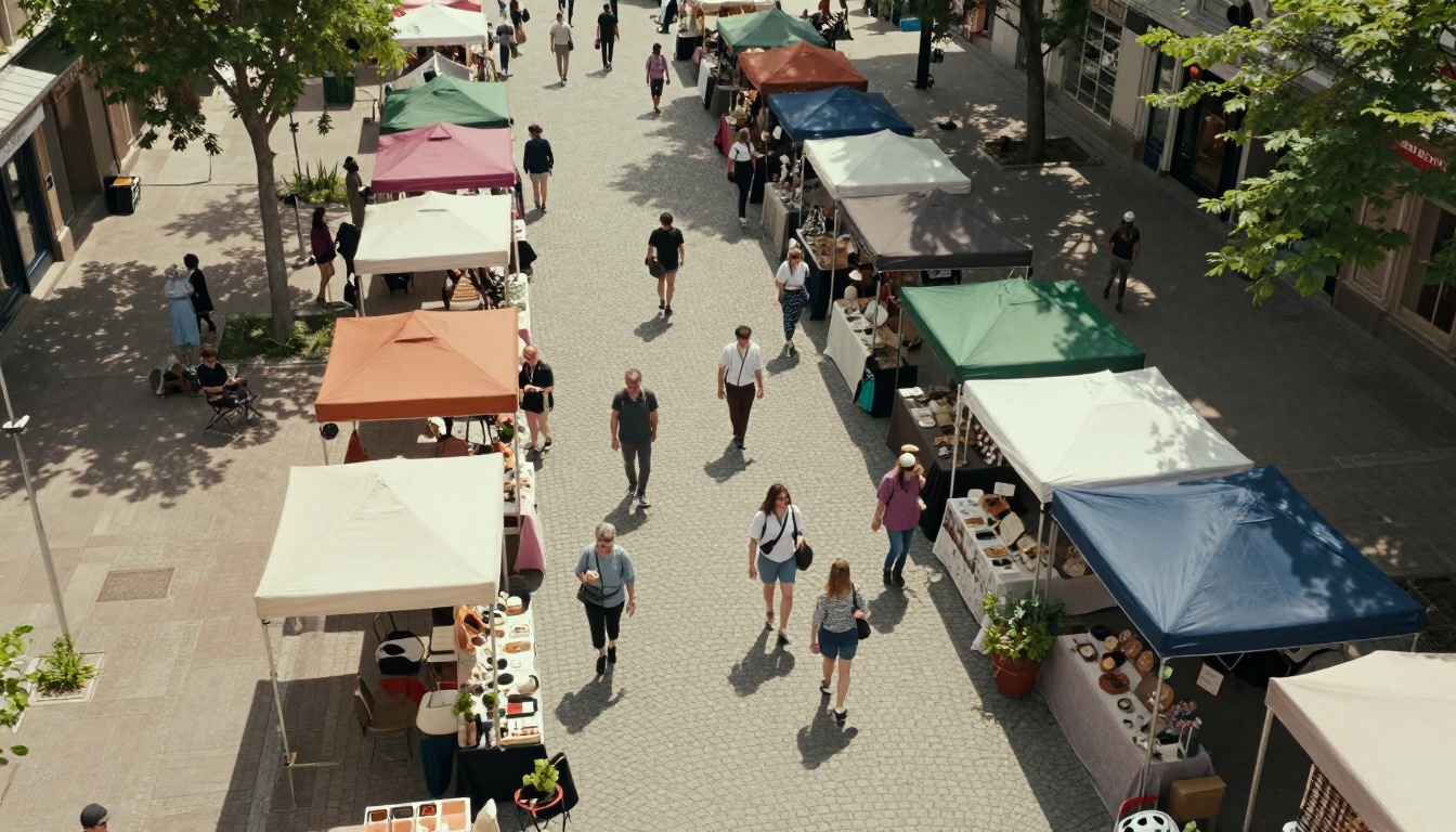 Aerial view of bustling weekend pop-up market with colorful vendor canopies Aerial view of bustling weekend pop-up market with colorful vendor canopies