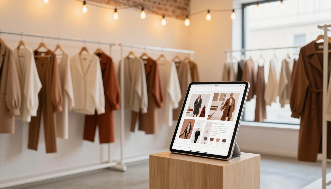 Fashion pop-up shop interior with clothing racks and iPad showing lookbook Fashion pop-up shop interior with clothing racks and iPad showing lookbook