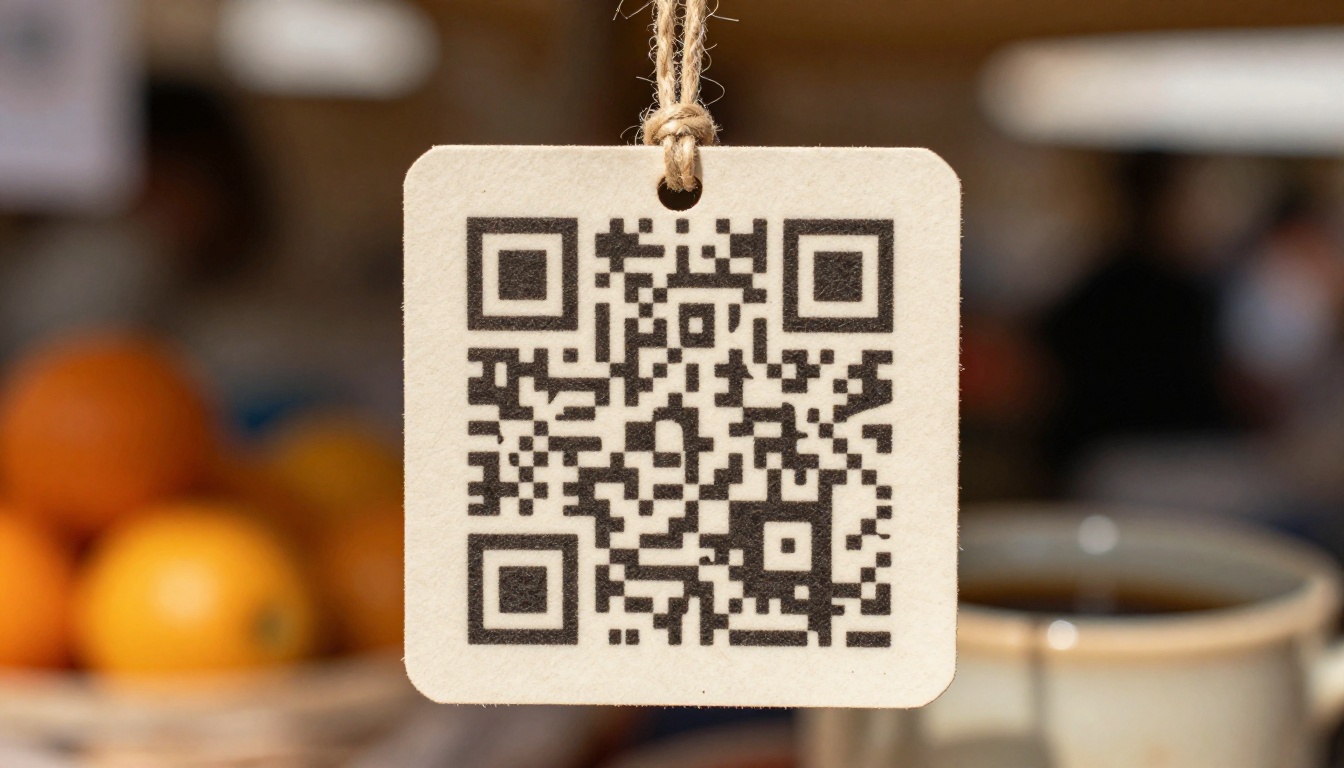 Close-up of QR code on kraft paper tag hanging at artisan market stall Close-up of QR code on kraft paper tag hanging at artisan market stall