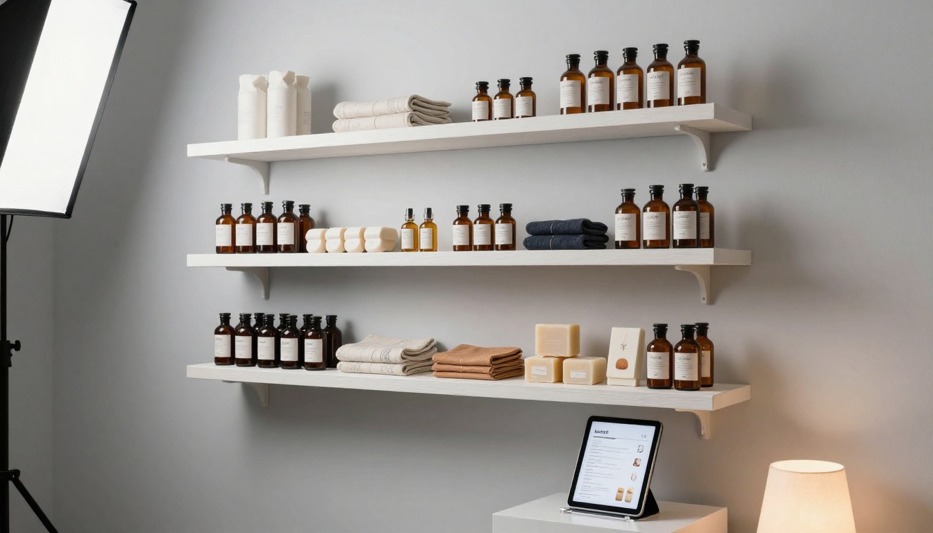 Minimalist product shelf display with iPad showing digital price list flipbook