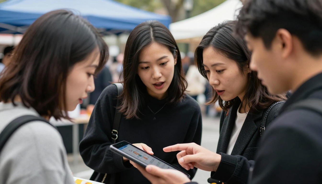 Diverse group of customers gathered around vendor booth looking at a tablet screen