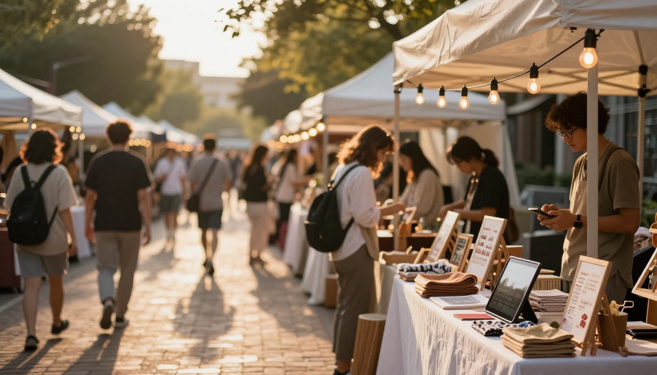 Artisan pop-up market at golden hour with warm string lights and vendor booth in foreground
