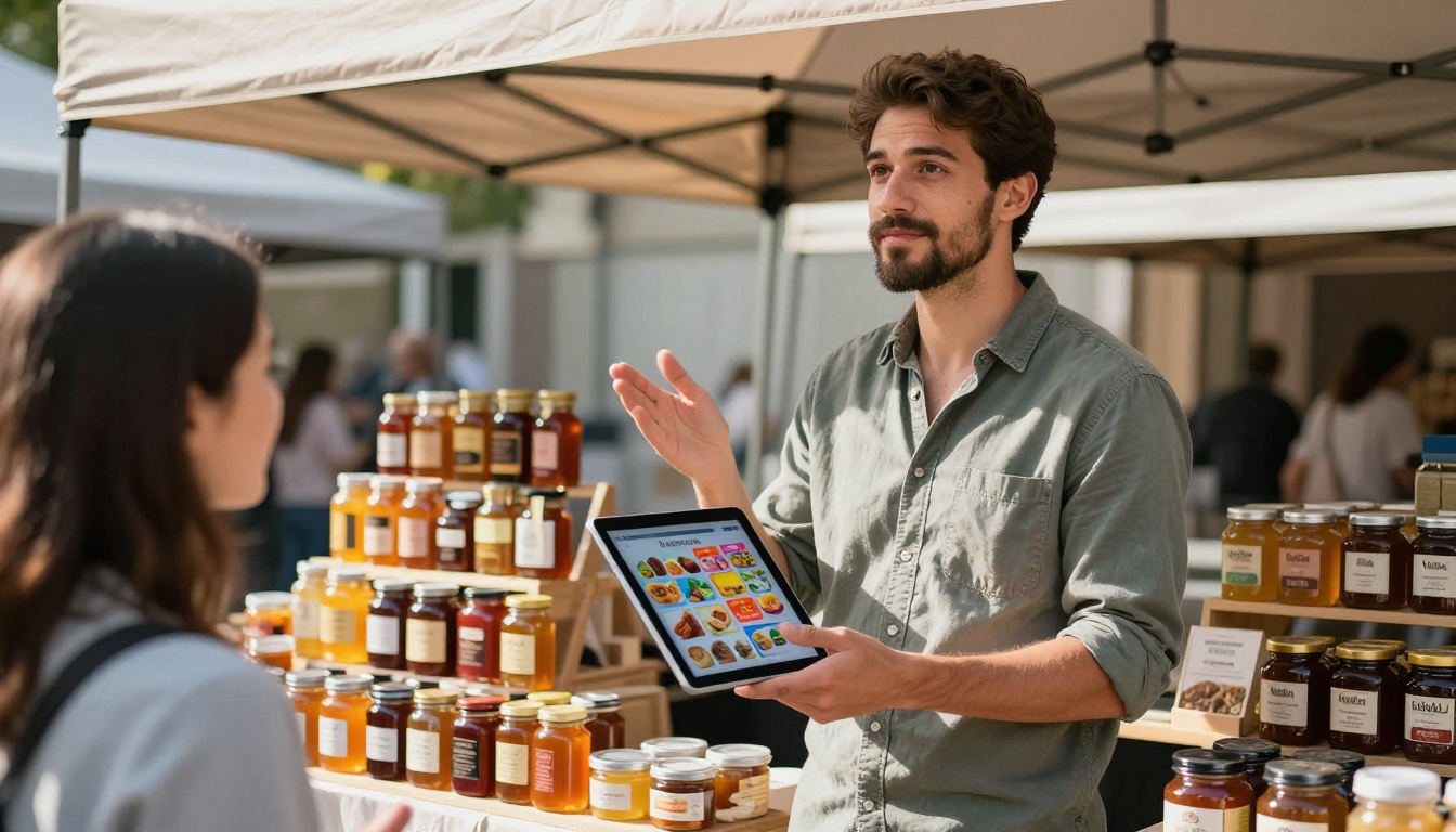 Low-angle shot of confident vendor holding tablet toward customer at artisan food market stall