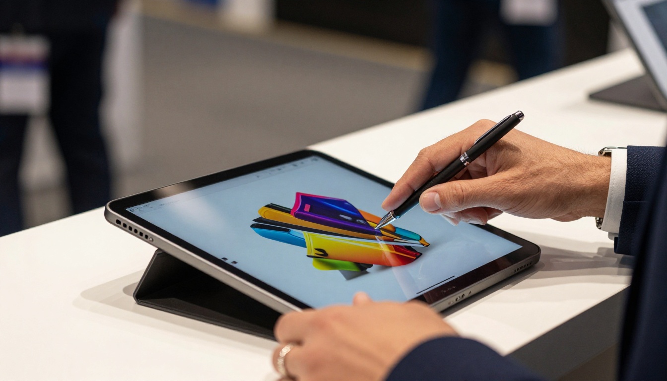 Professional hands swiping through digital flipbook catalog on tablet at trade show counter Professional hands swiping through digital flipbook catalog on tablet at trade show counter