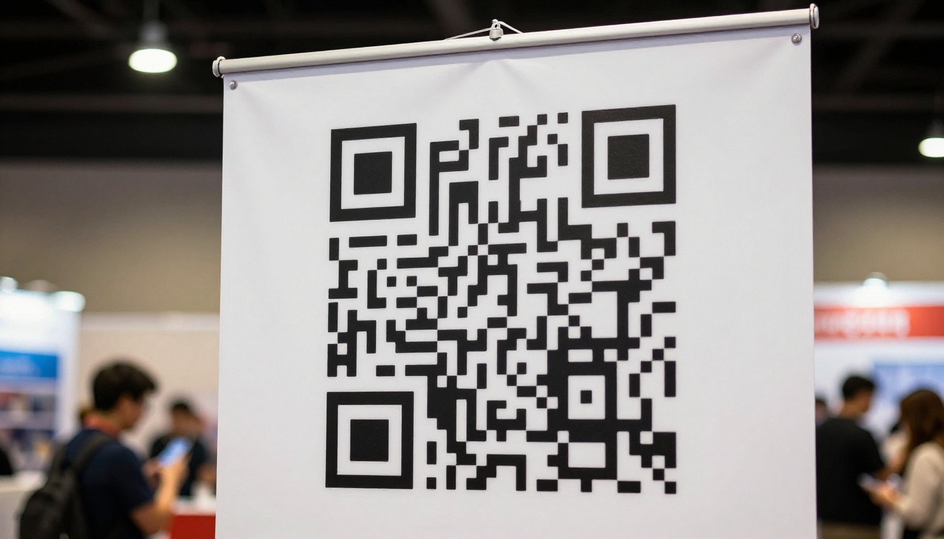 QR code on professional trade show booth banner with attendee scanning in background QR code on professional trade show booth banner with attendee scanning in background