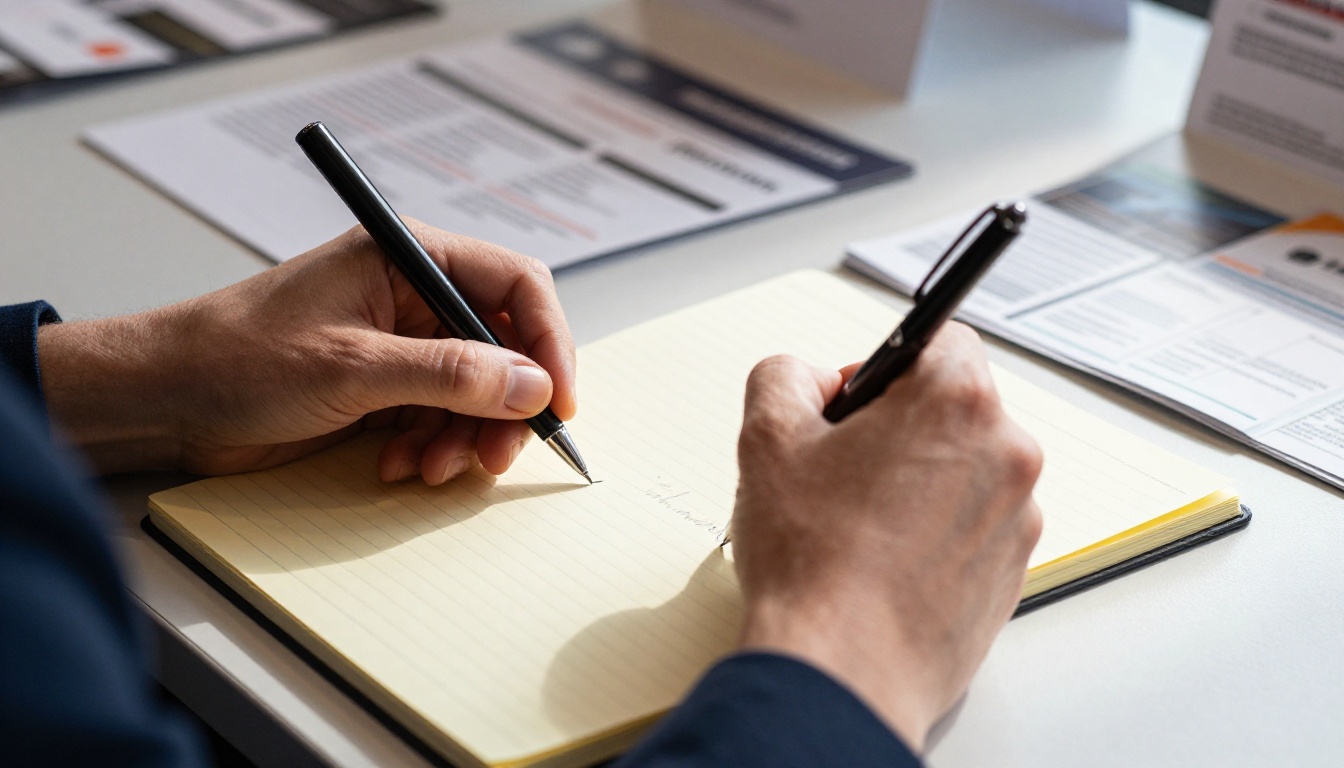 Trade show professional reviewing notes at exhibition booth
