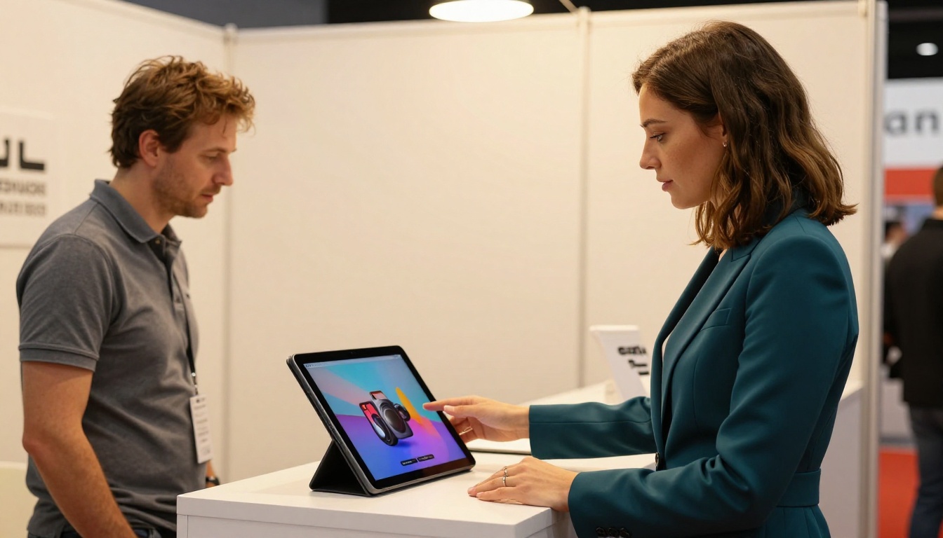 Sales professional presenting digital product catalog on tablet to trade show visitor Sales professional presenting digital product catalog on tablet to trade show visitor