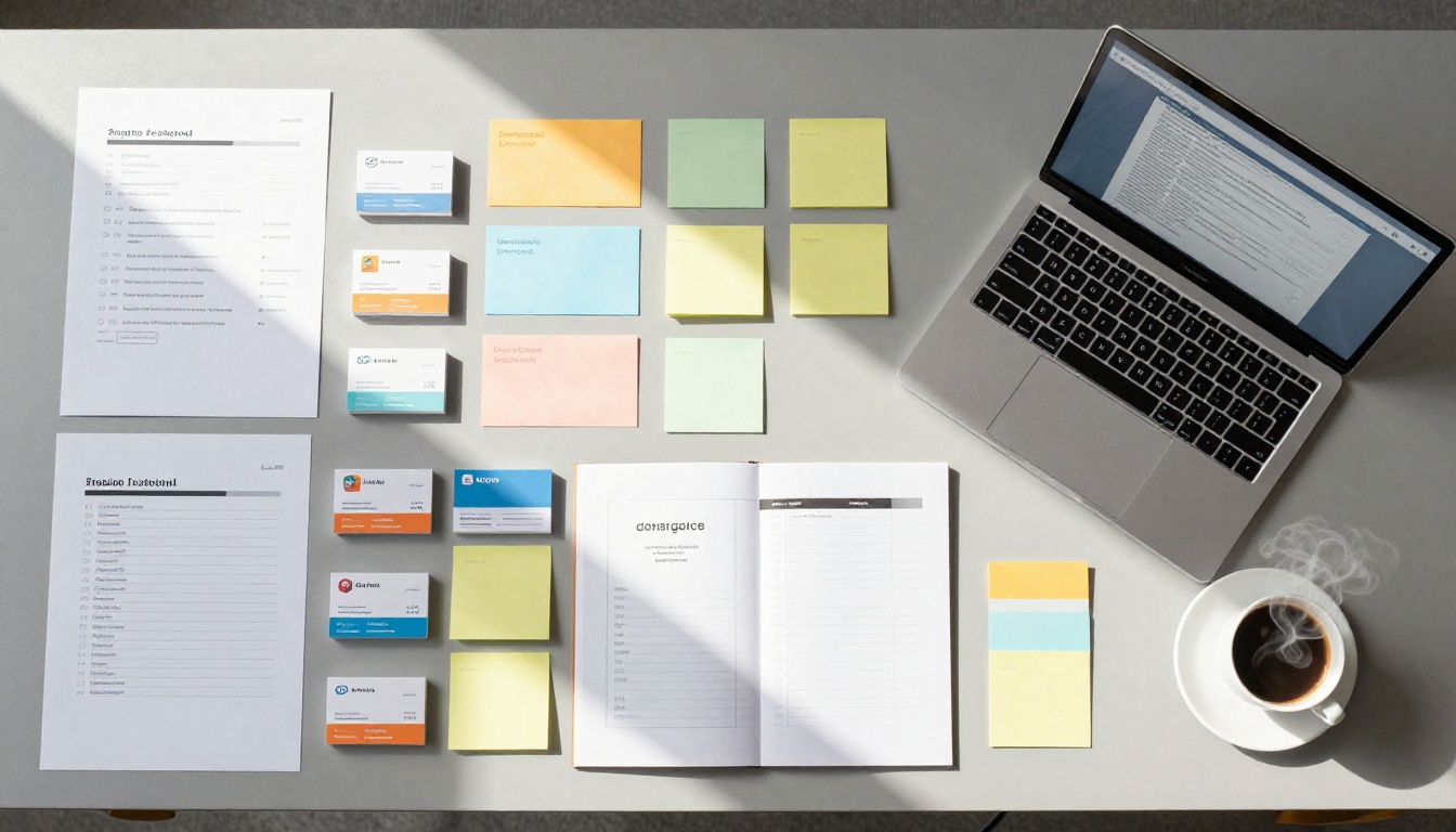 Overhead flat-lay of trade show materials and notes on desk