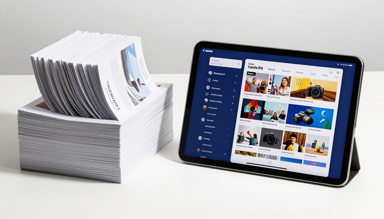 Printed brochures compared to iPad showing digital flipbook on exhibition counter Printed brochures compared to iPad showing digital flipbook on exhibition counter