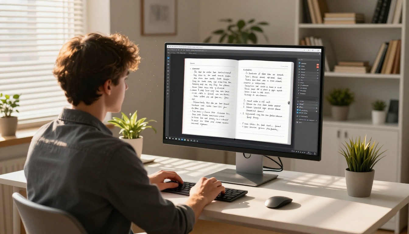 Professional converting notes to digital flipbook on monitor