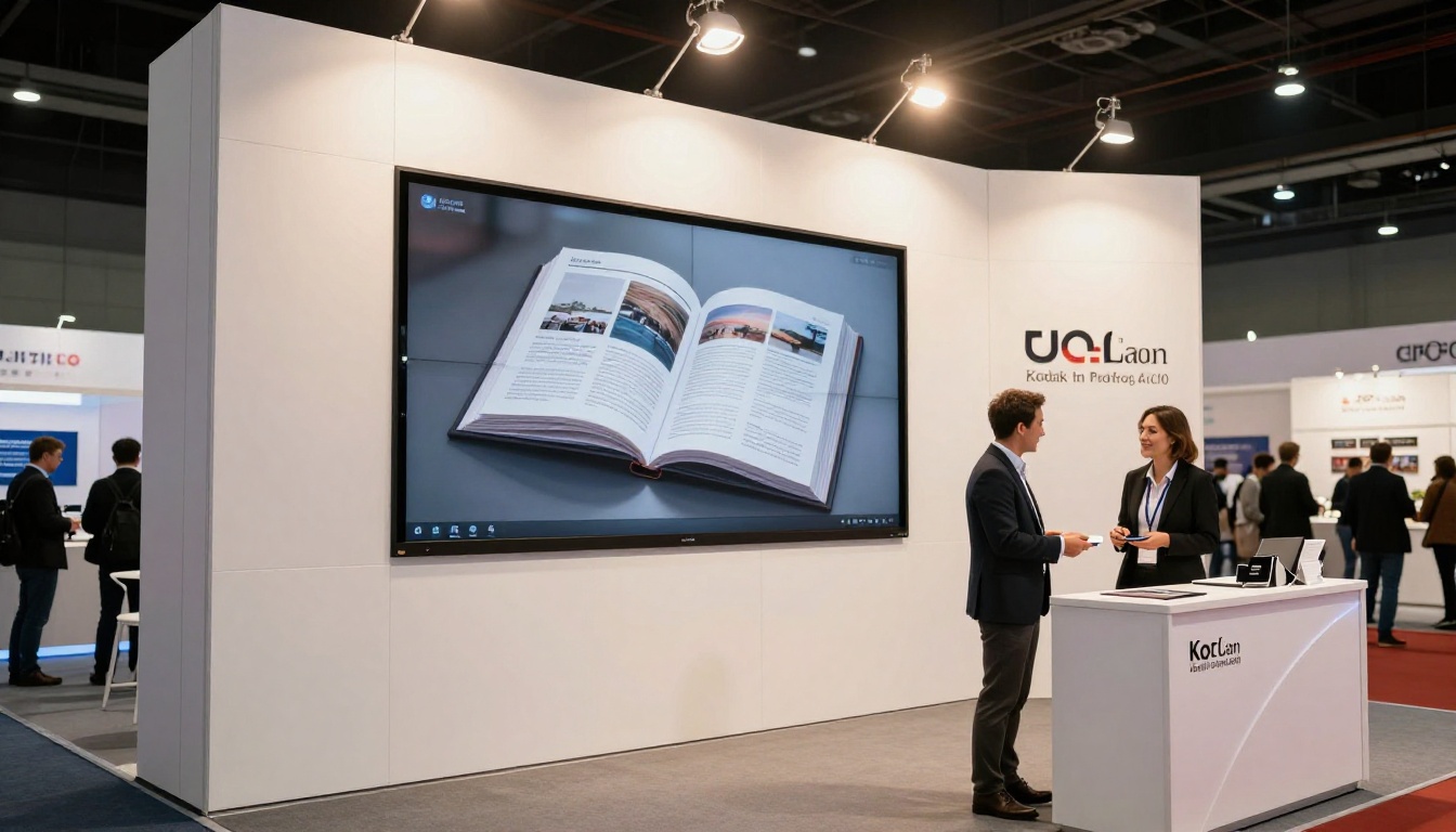 Trade show booth presenter showing digital flipbook on large display screen to visitors Trade show booth presenter showing digital flipbook on large display screen to visitors