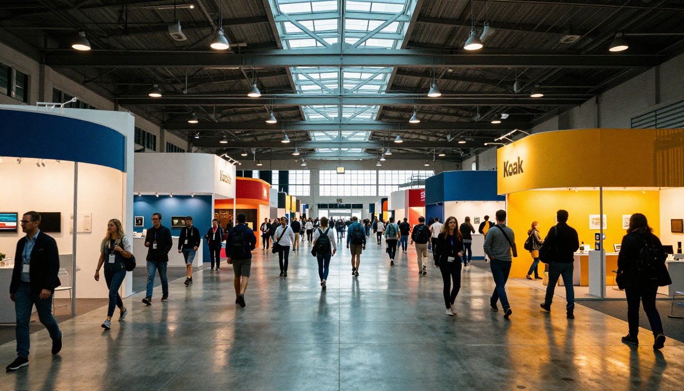 Wide shot of busy convention center with trade show booths