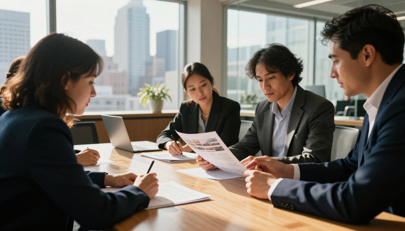 Business team reviewing trade show recap report together