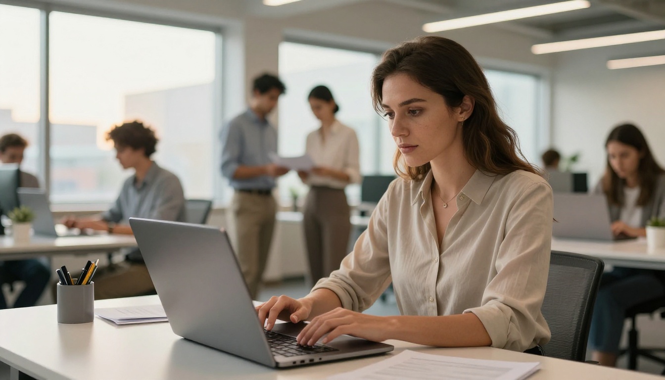 Marketing professional uploading PDF to laptop
