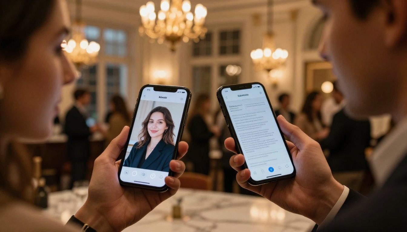 Two professionals sharing a digital flipbook at a networking event