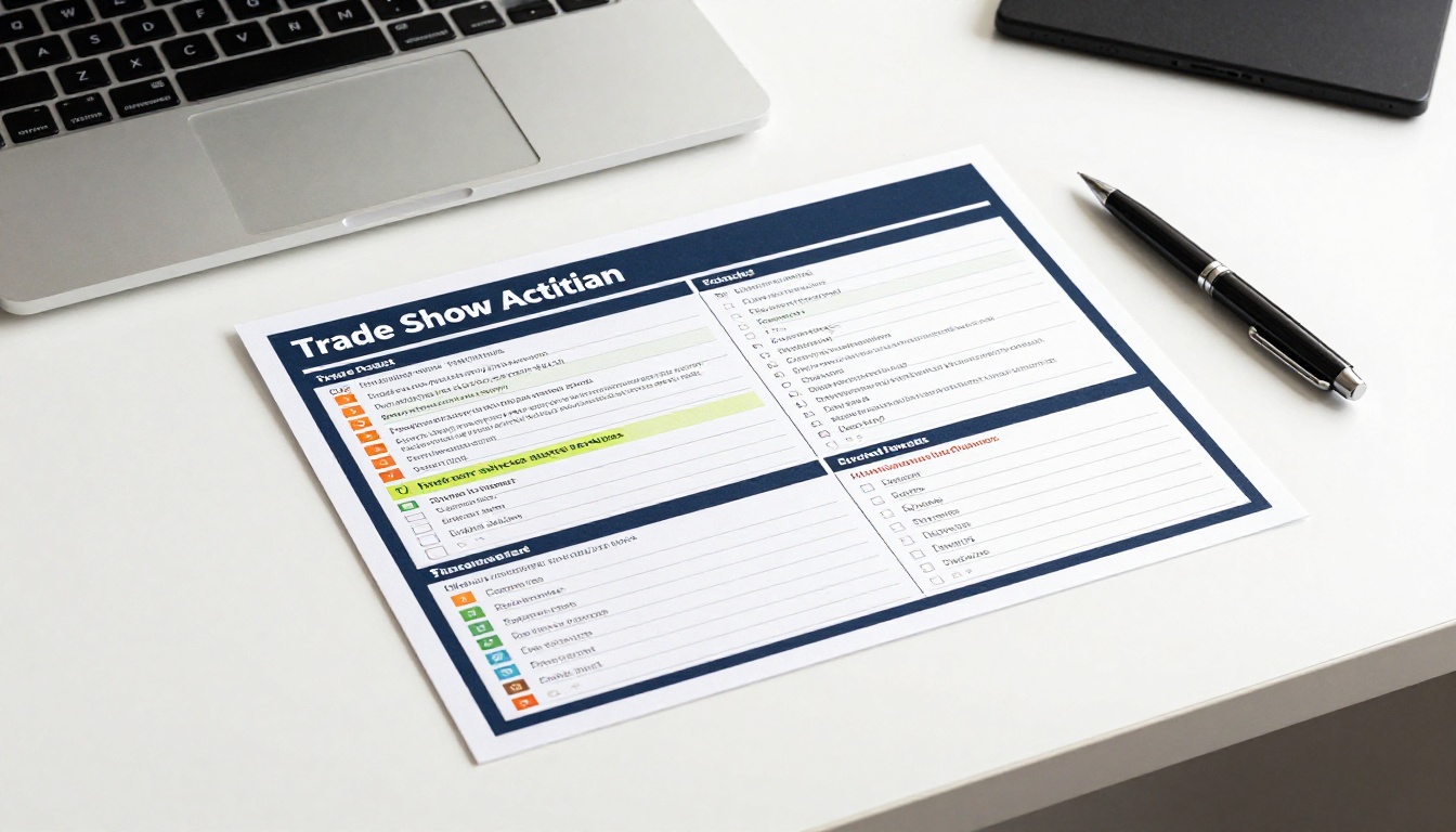 Organized trade show action plan on desk with laptop
