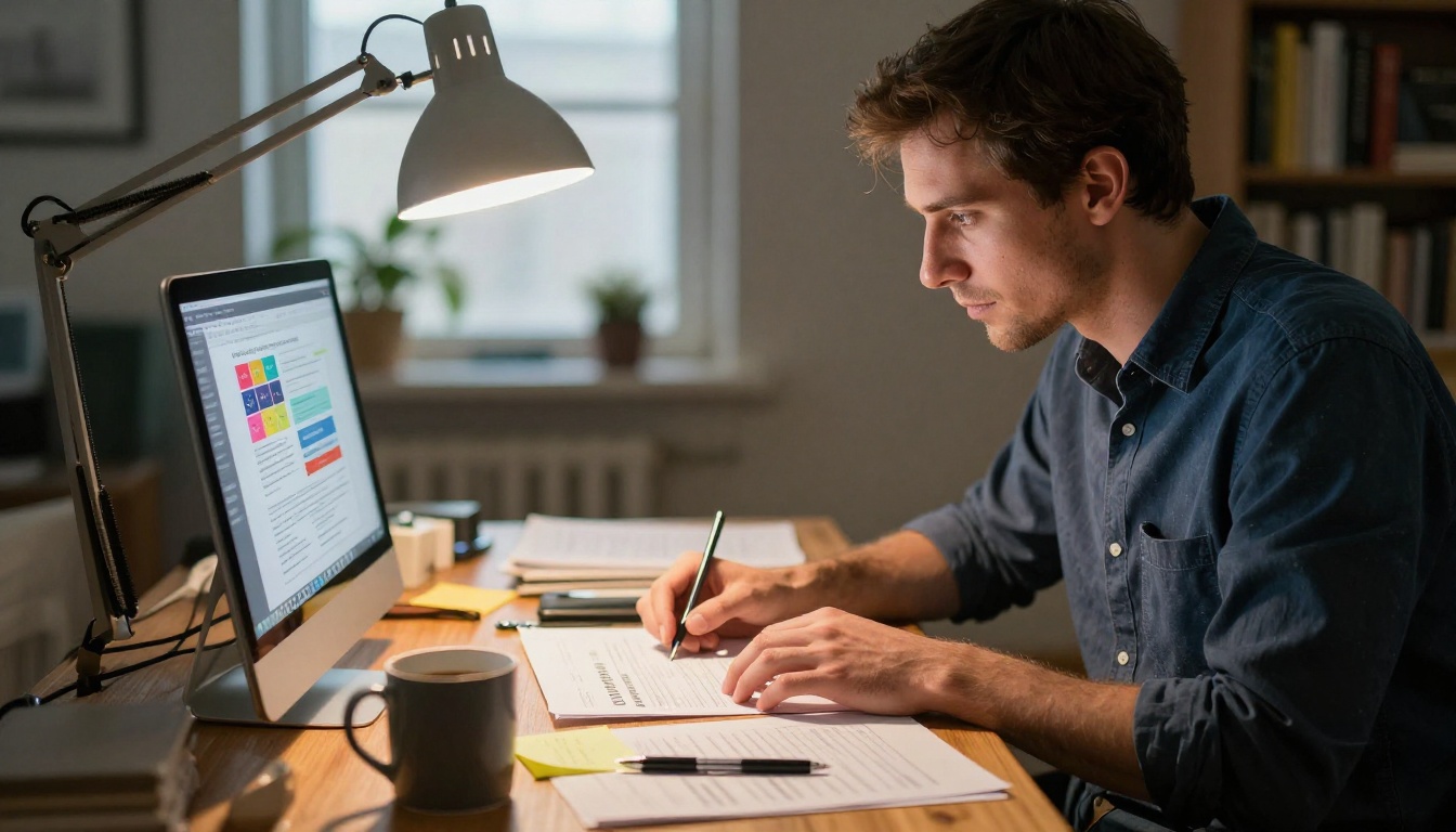 Event planner designing convention program layout on a MacBook at a wooden desk