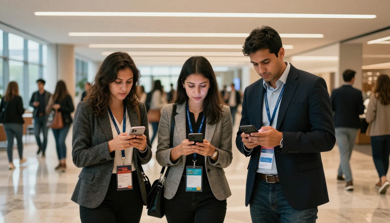 Convention attendees reviewing digital programs on phones and tablets in a modern lobby
