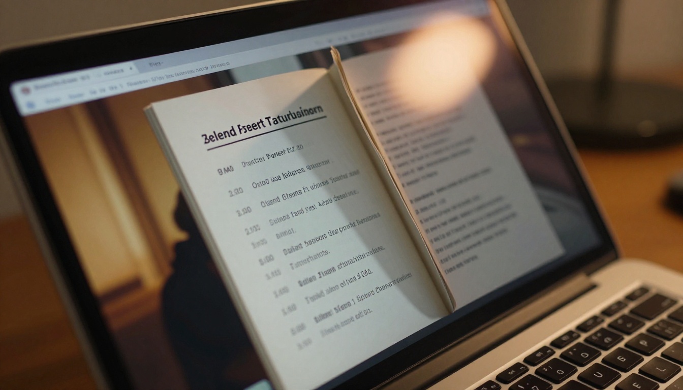 Extreme close-up of laptop screen showing digital flipbook mid-page-turn animation
