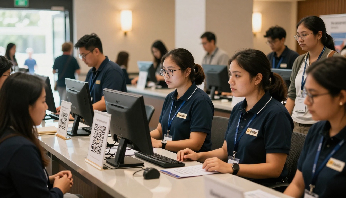 Convention registration desk staffed by professionals with QR code signage and digital screens