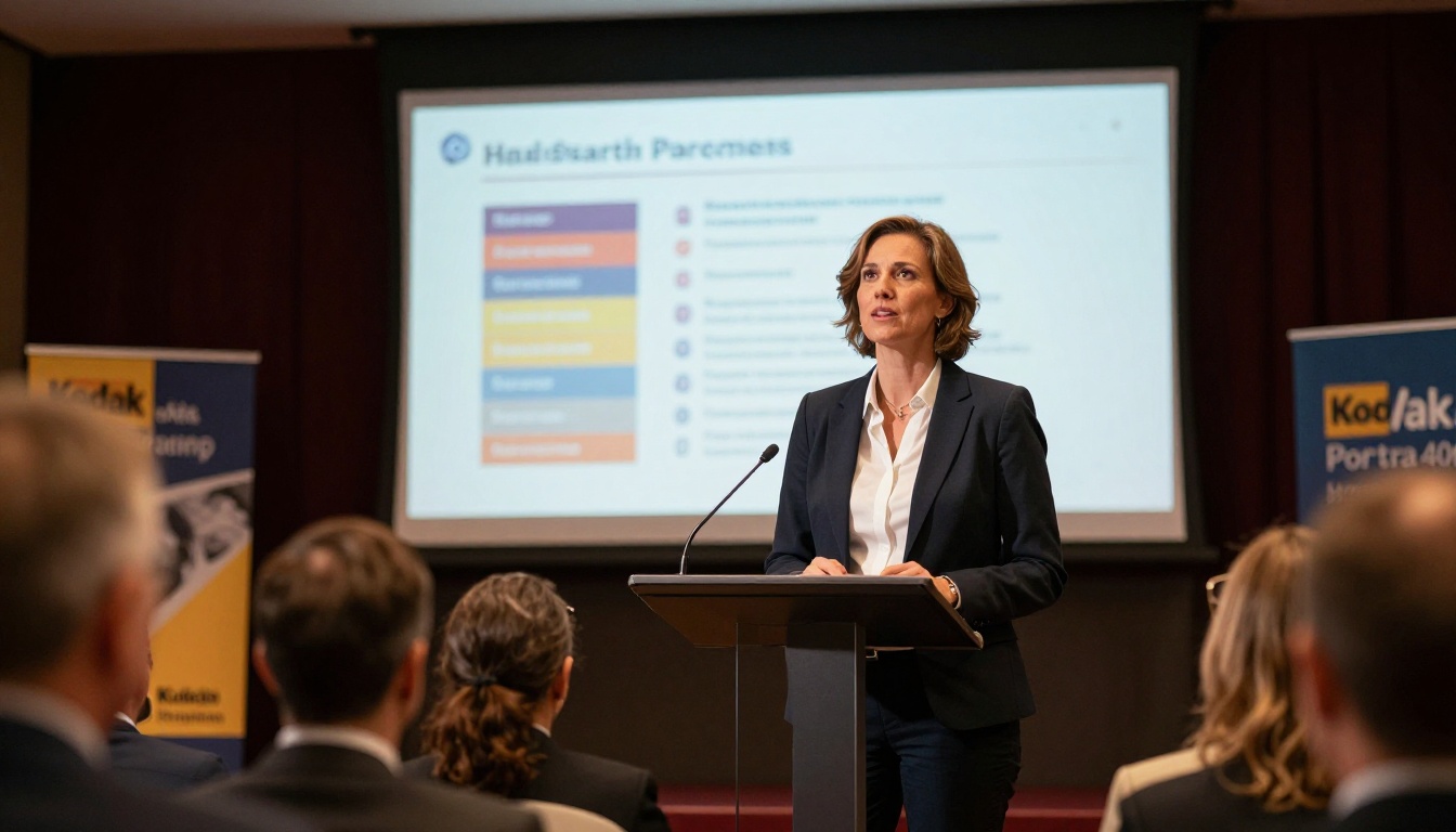 Professional woman keynote speaker on a well-lit conference stage with audience visible