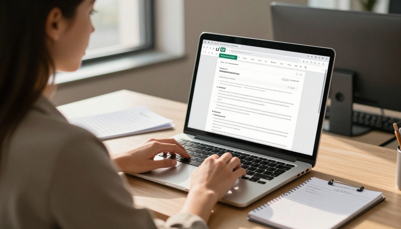 Young woman uploading convention program PDF to browser from an office desk