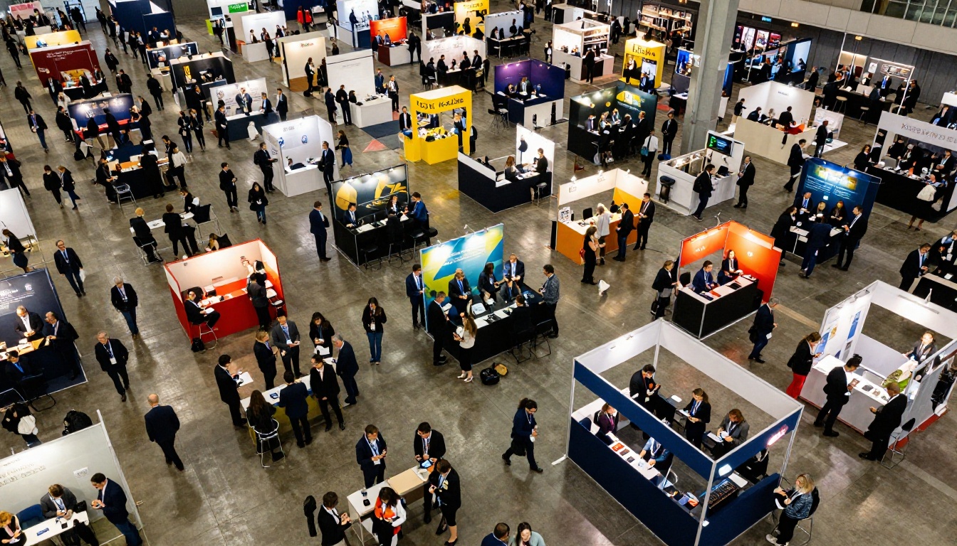 Aerial view of a busy convention hall floor with hundreds of professionals networking