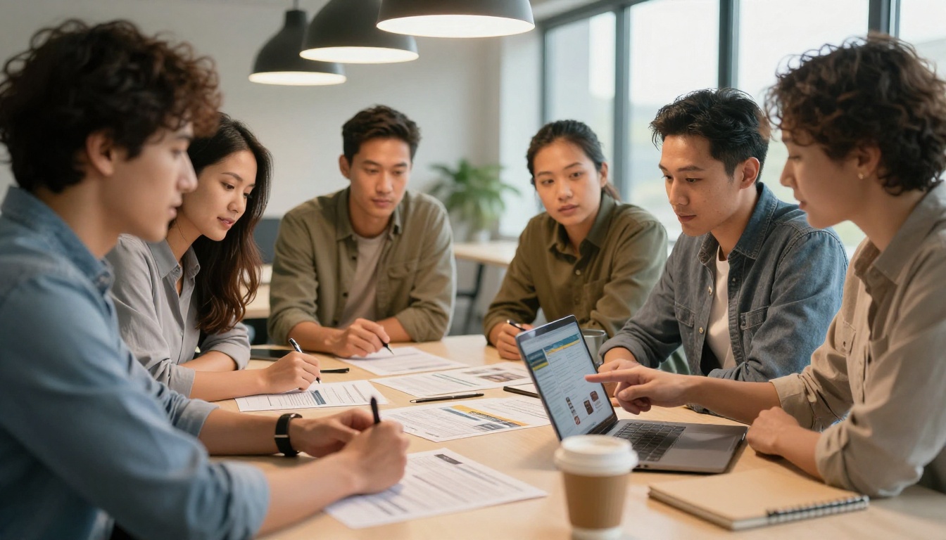 Four diverse professionals reviewing a convention program together around a conference table