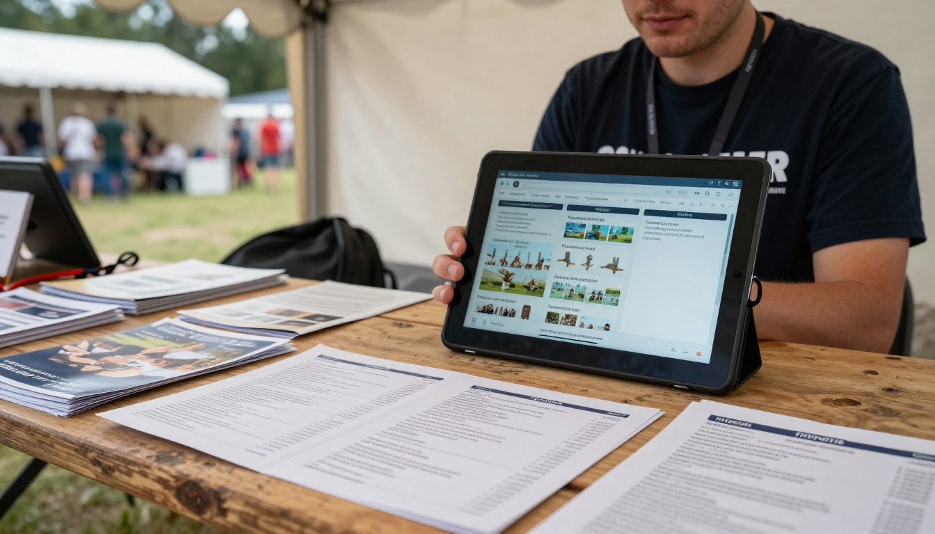 Festival information booth attendant with digital flipbook on tablet alongside stacks of paper programs Festival information booth attendant with digital flipbook on tablet alongside stacks of paper programs