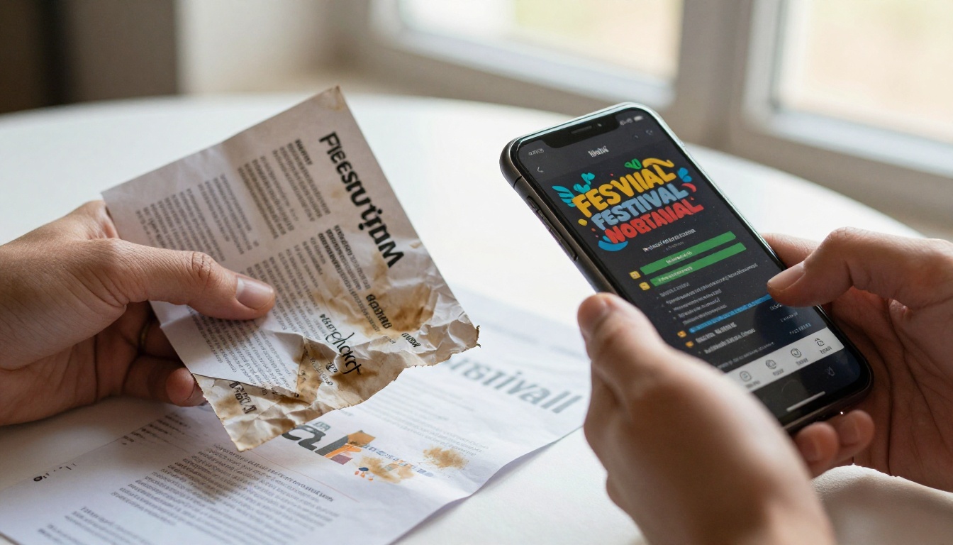 Close-up of crumpled paper festival program next to a phone displaying a sharp digital schedule Close-up of crumpled paper festival program next to a phone displaying a sharp digital schedule