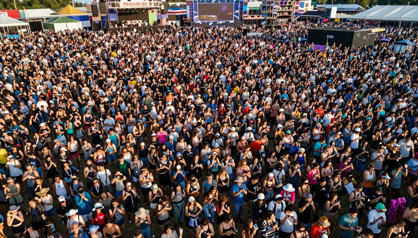 Aerial drone view of a packed outdoor festival crowd with hundreds of phones visible from above Aerial drone view of a packed outdoor festival crowd with hundreds of phones visible from above