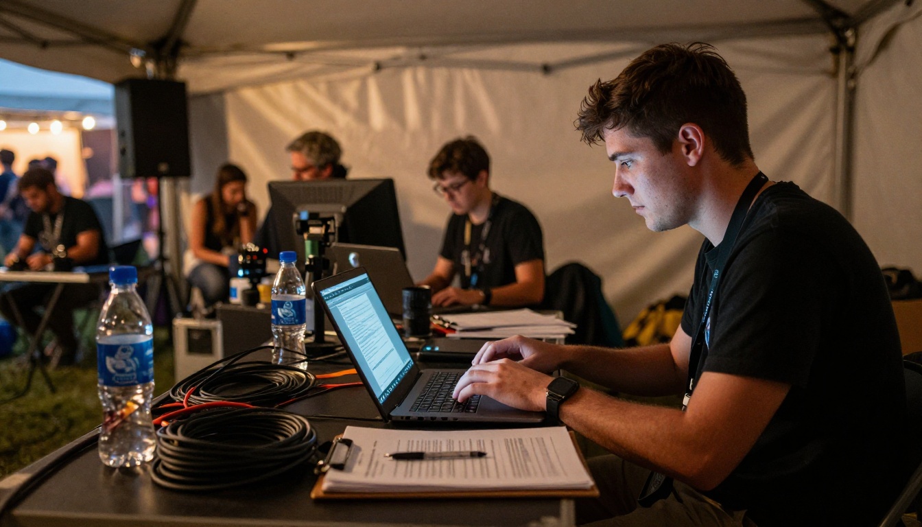 Festival organizer working at a backstage laptop at night uploading a program PDF Festival organizer working at a backstage laptop at night uploading a program PDF