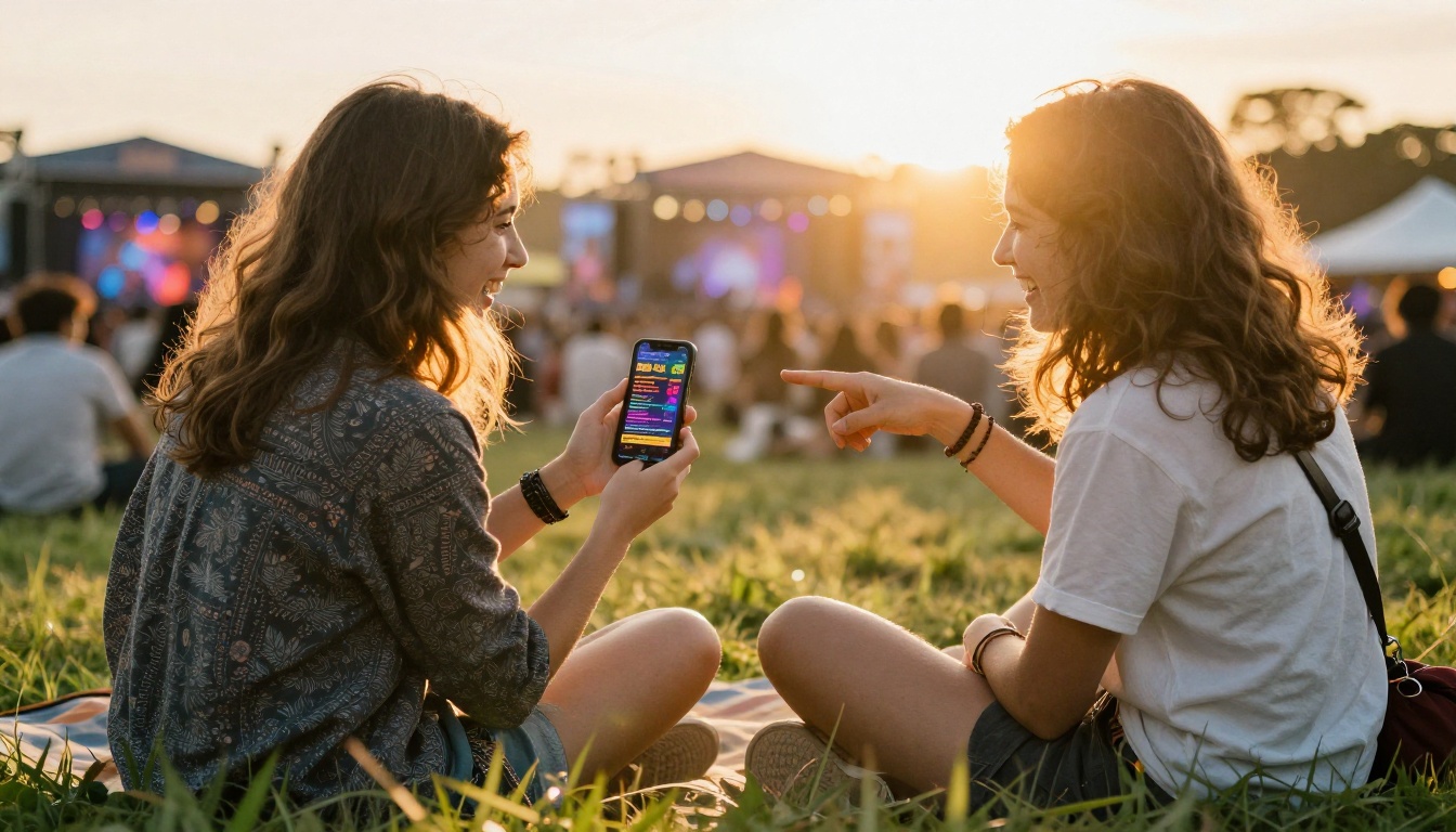 Two friends sitting on festival grass at golden hour laughing while sharing a phone screen with the digital event schedule Two friends sitting on festival grass at golden hour laughing while sharing a phone screen with the digital event schedule