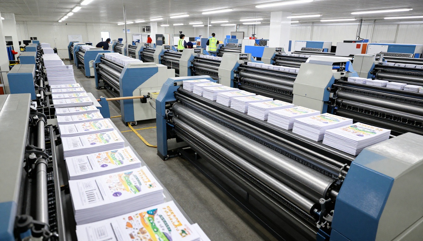 Wide interior view of a large commercial printing facility producing thousands of paper programs on industrial presses