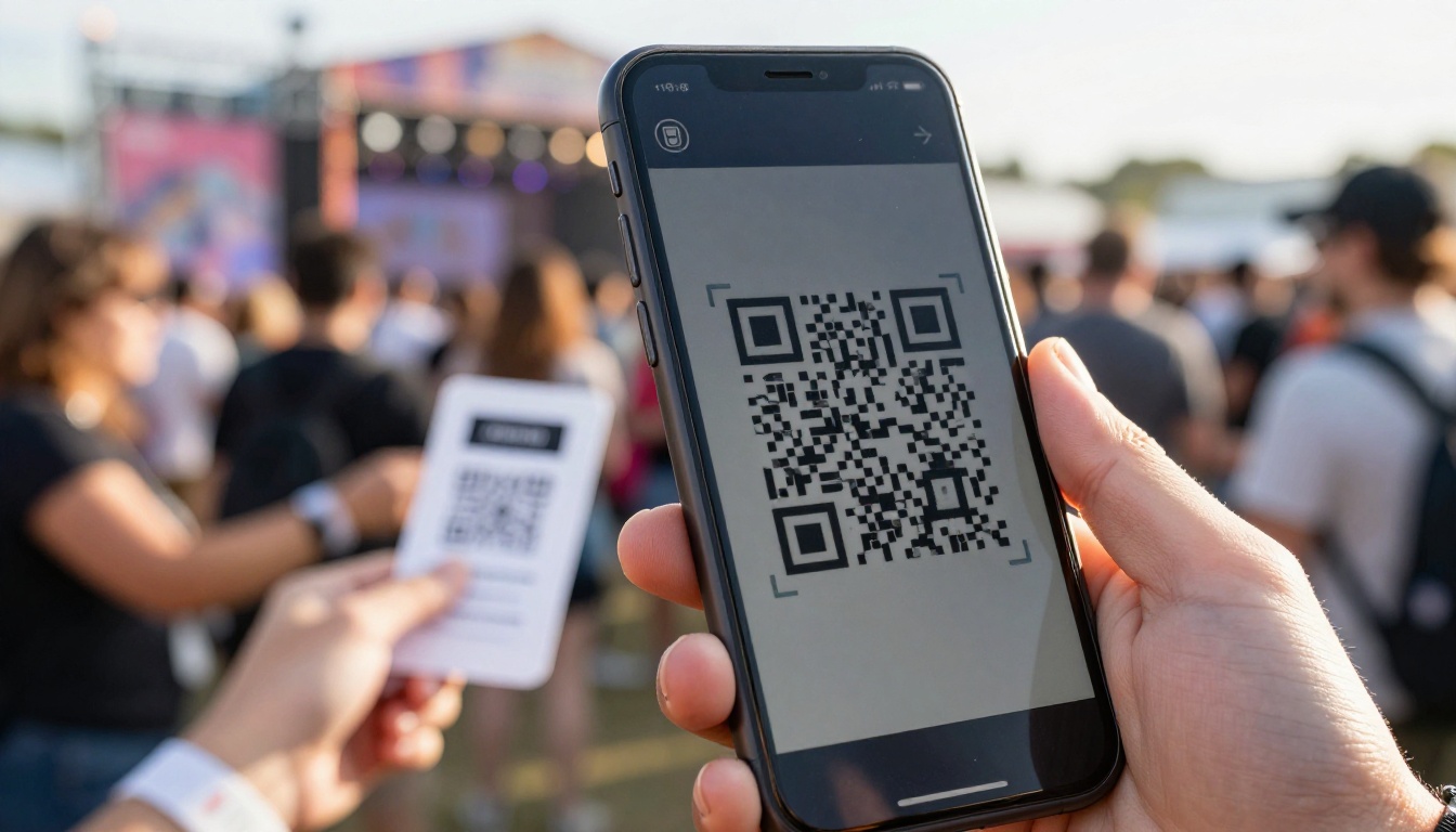 QR code being scanned on a smartphone at a festival entrance gate for the digital program