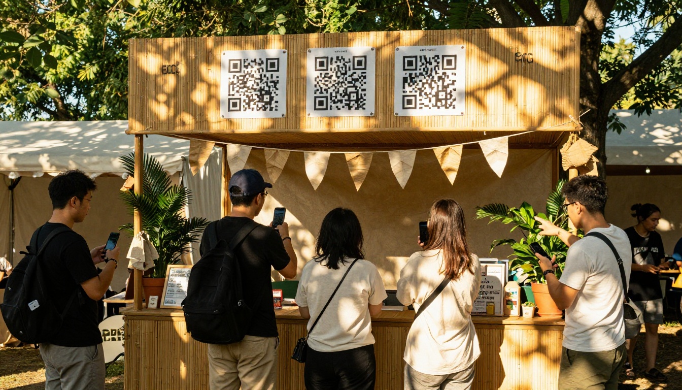 Festival attendees scanning a QR code at an eco-friendly outdoor booth to access the digital event program