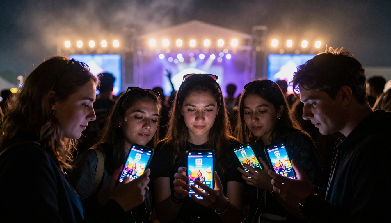 Group of friends at a nighttime festival sharing a phone screen showing the colorful digital event program