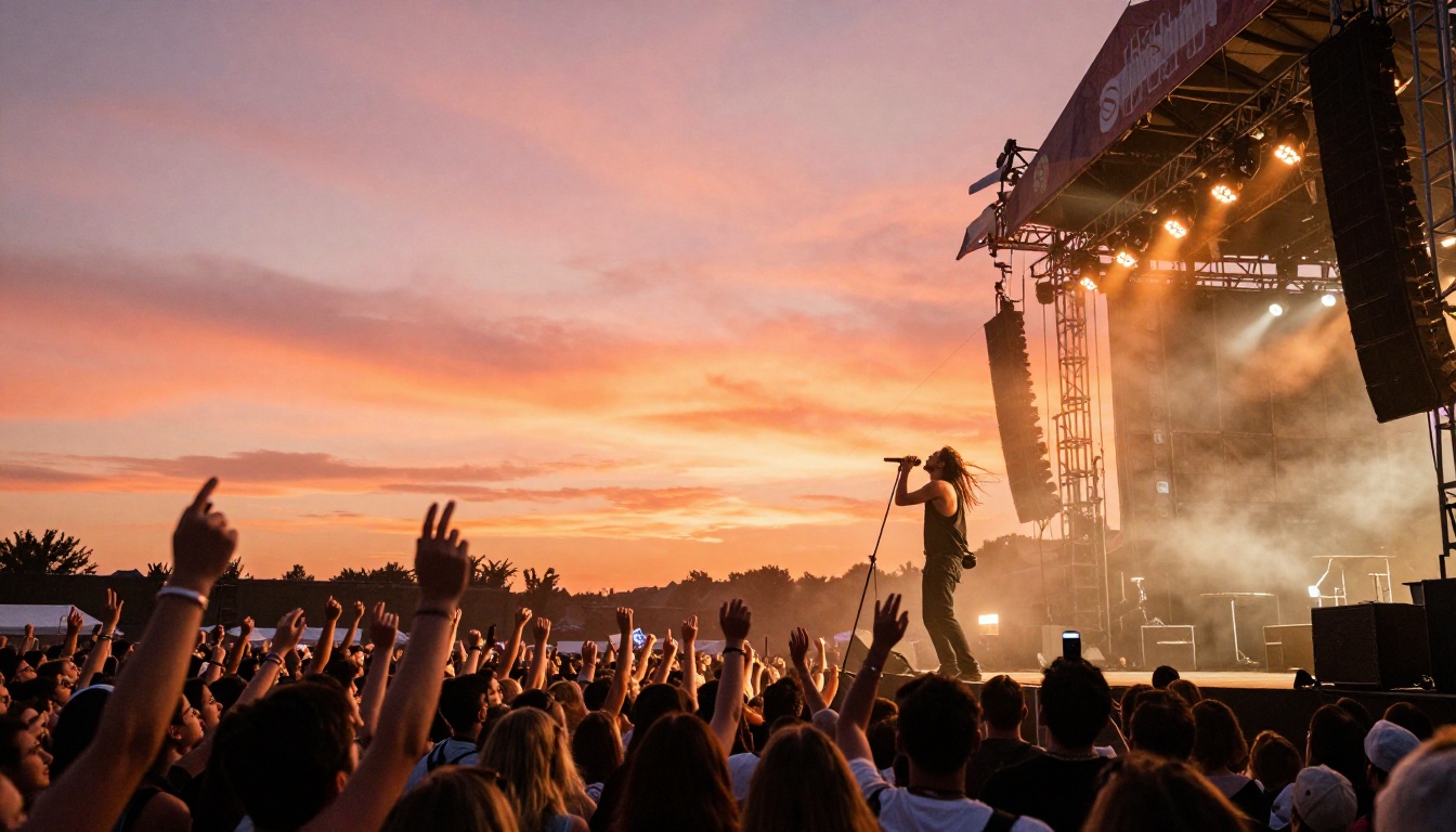 Music festival performer on stage at sunset