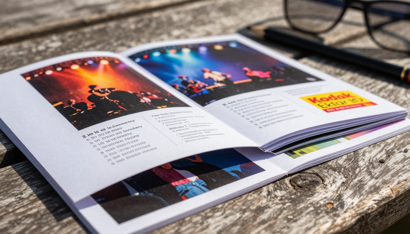 Printed festival program pages fanned open on a wooden table