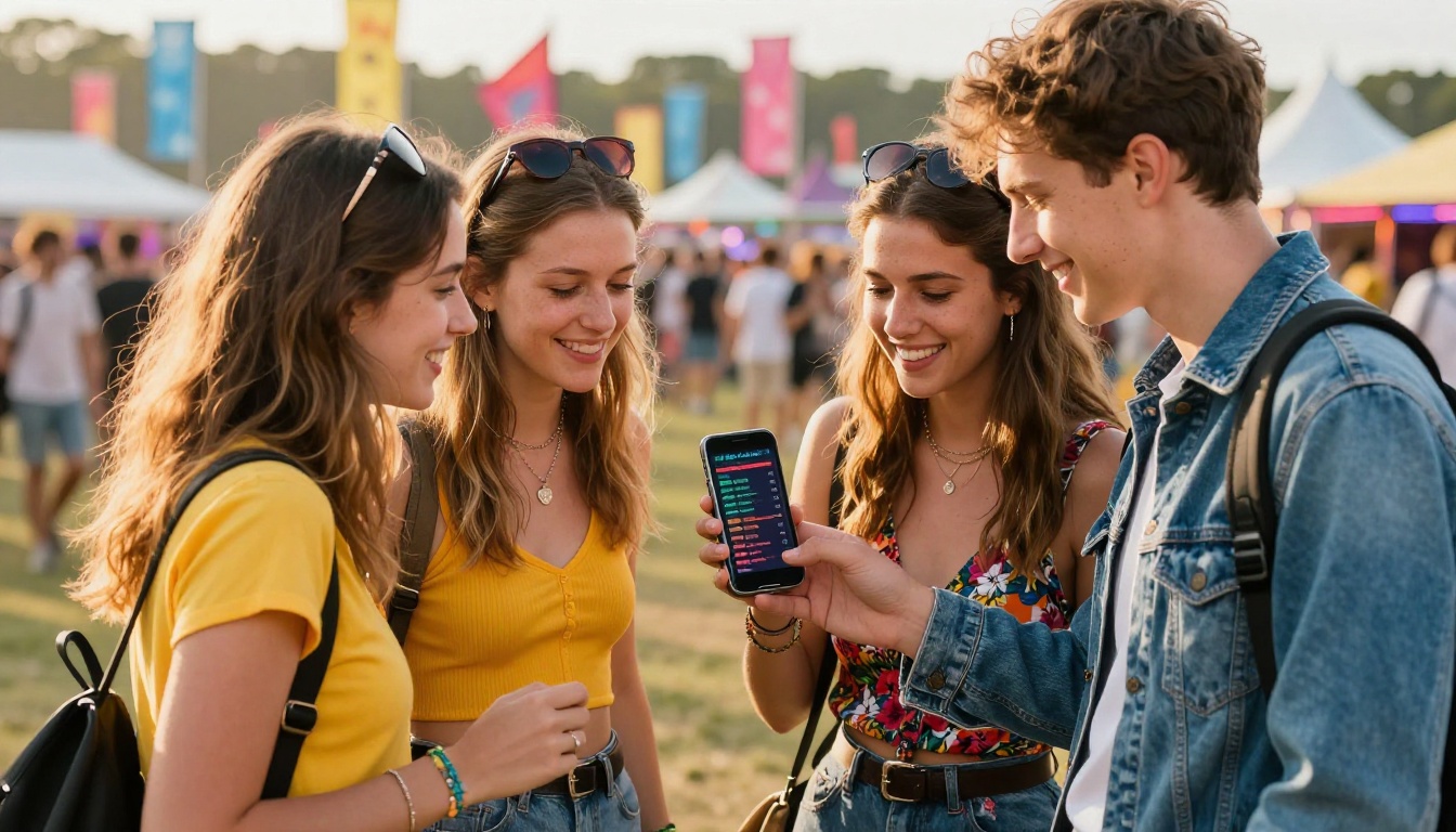 Festival friends looking at digital lineup together on a smartphone