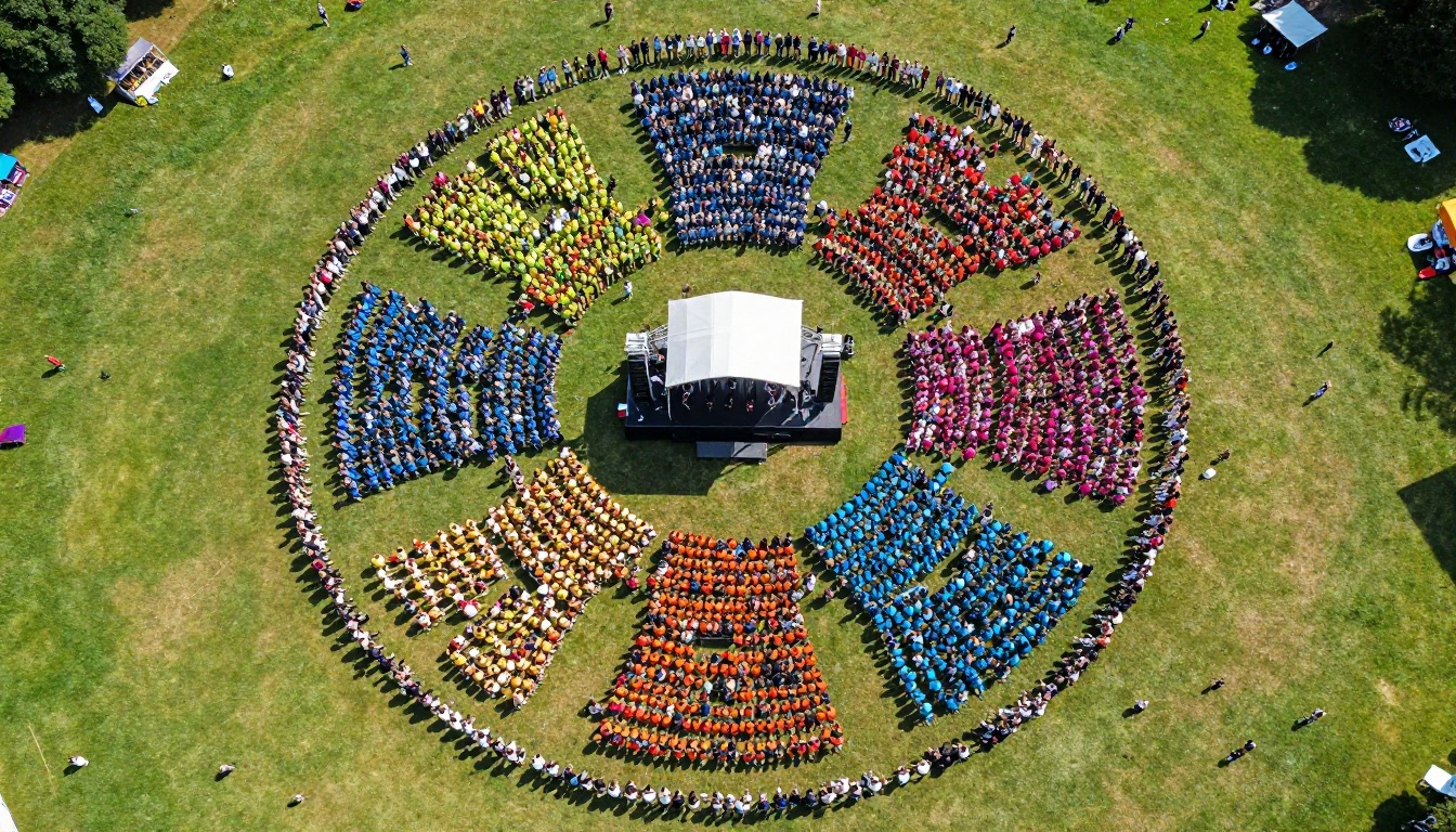 Aerial top-down view of festival crowd arranged around the central stage