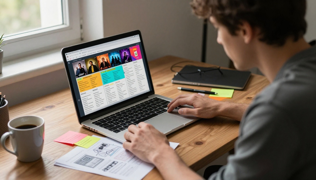 Production team member reviewing festival flipbook design on a laptop