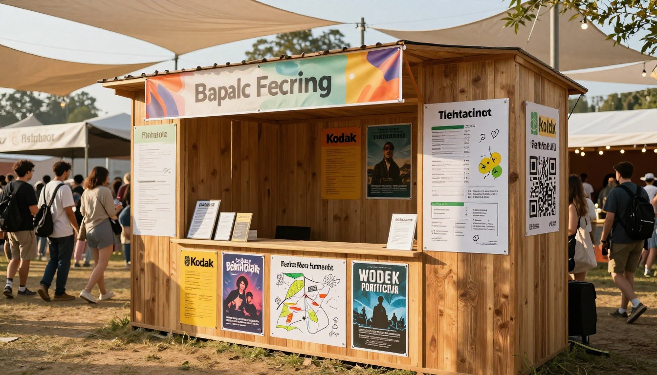 Festival information booth with schedule posters and QR code signage