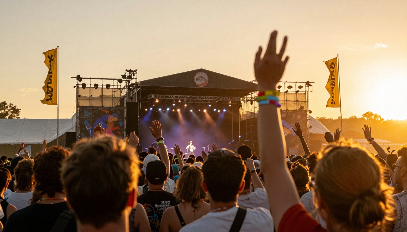 Festival crowd at golden hour looking toward the main stage