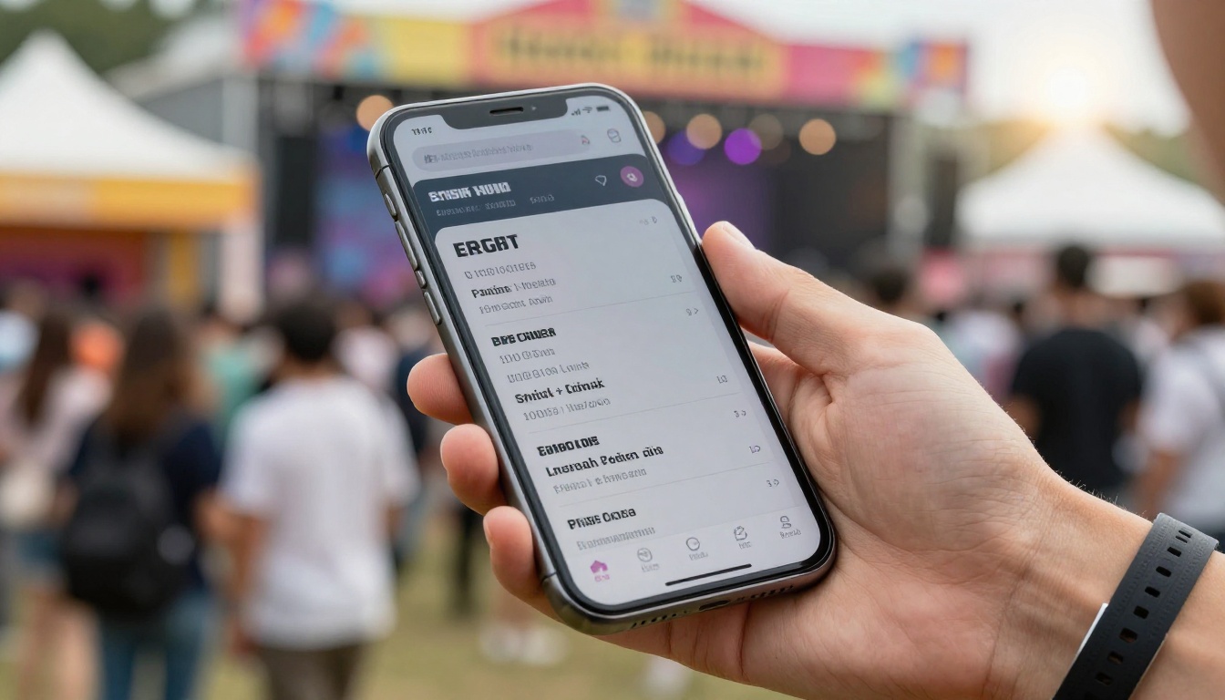 Hand with festival wristband holding phone showing a digital flipbook page