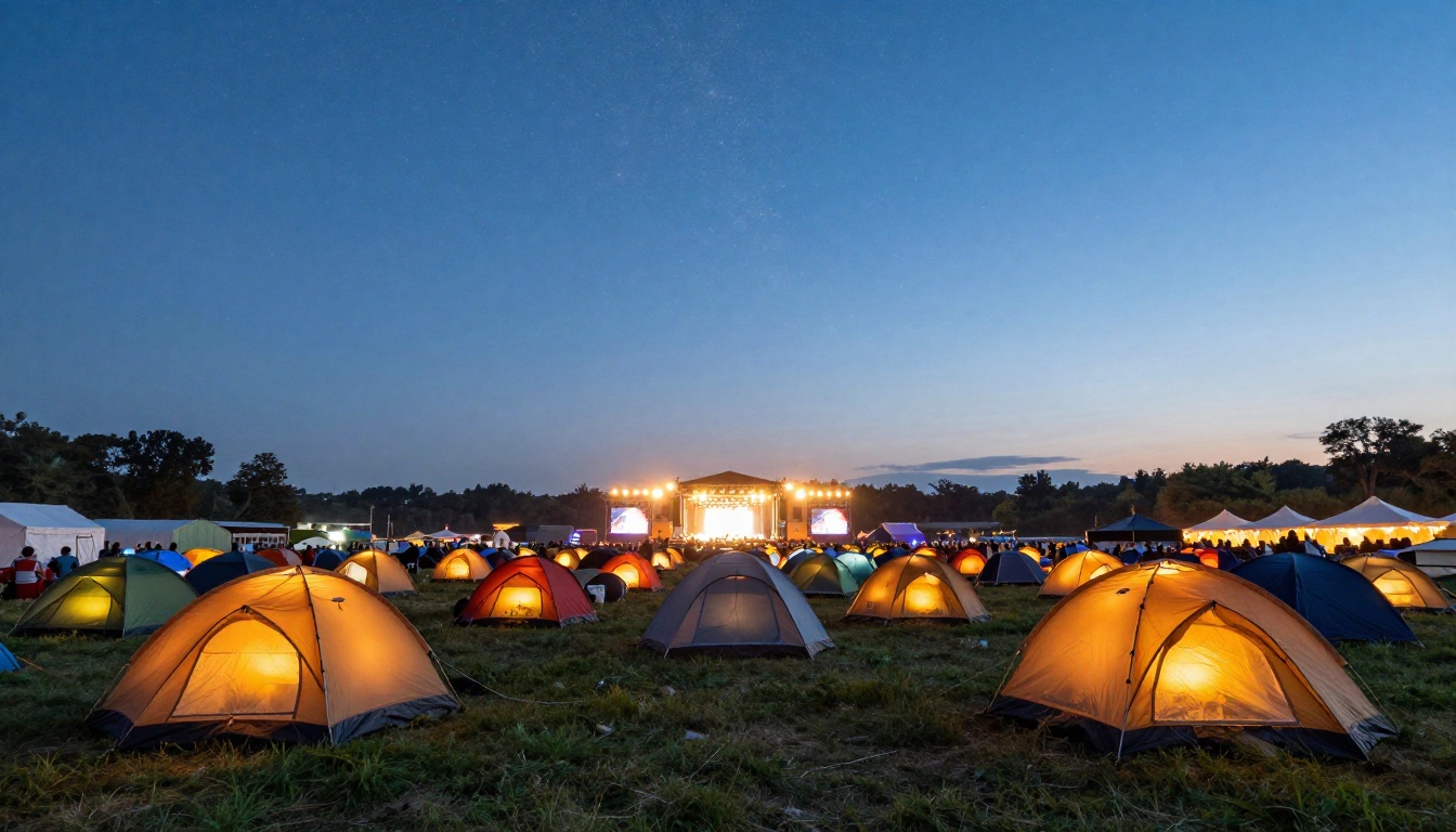 Music festival campsite at blue hour with the main stage glowing in the background