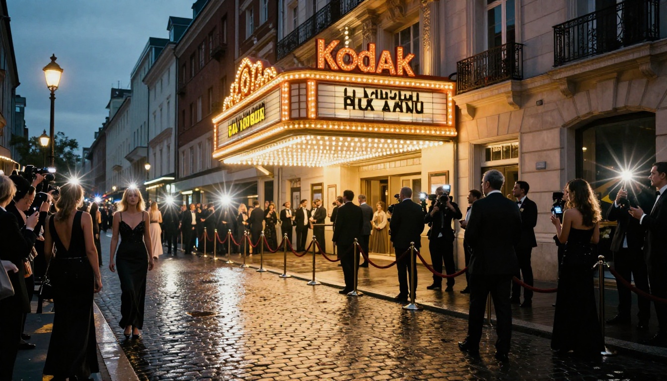 Film festival red carpet entrance at dusk with elegantly dressed attendees